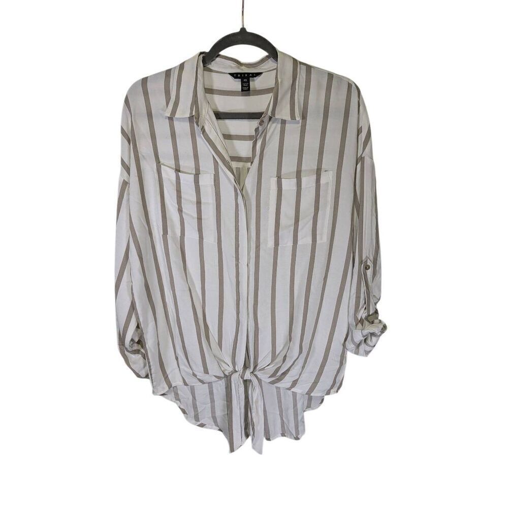 Tribal Tie-front Long-sleeve Striped Button-up Blouse Petite Small